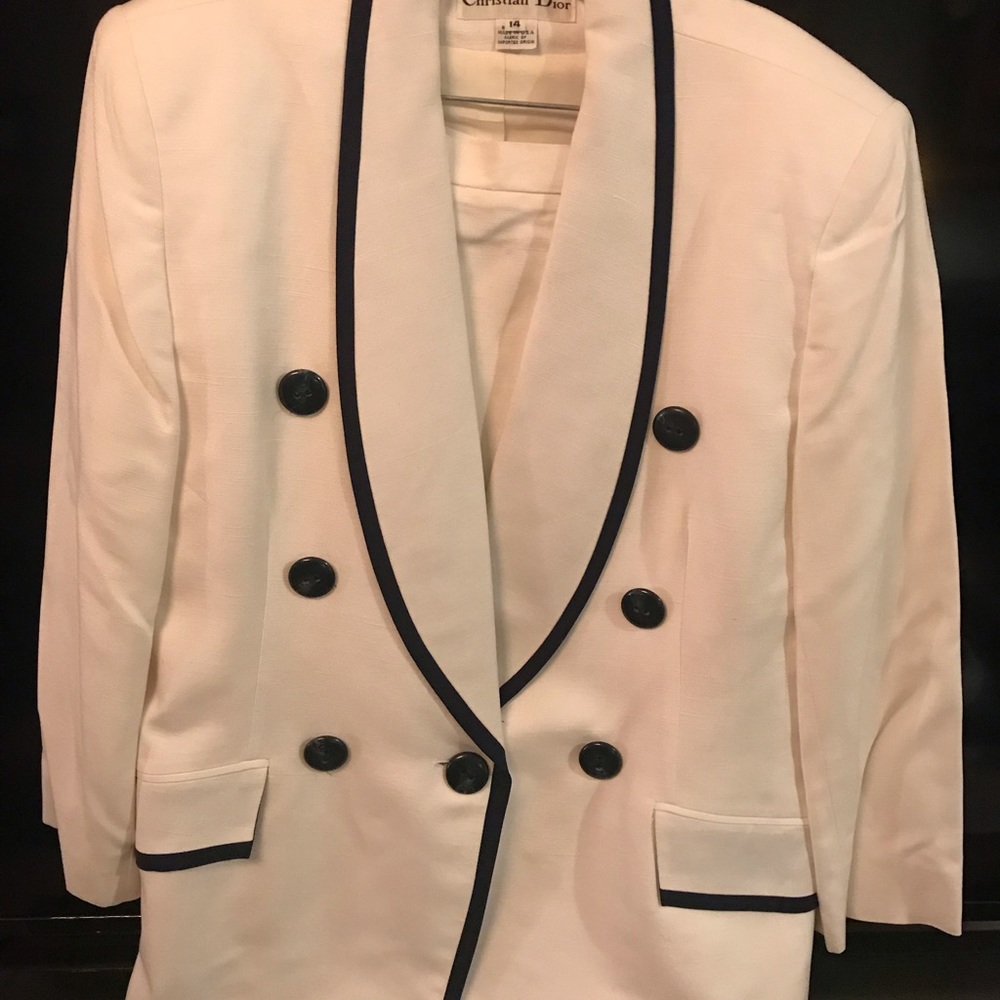 White & Navy linen skirt suit